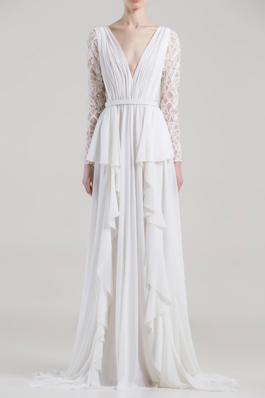 Ruffled Long Sleeve Gown