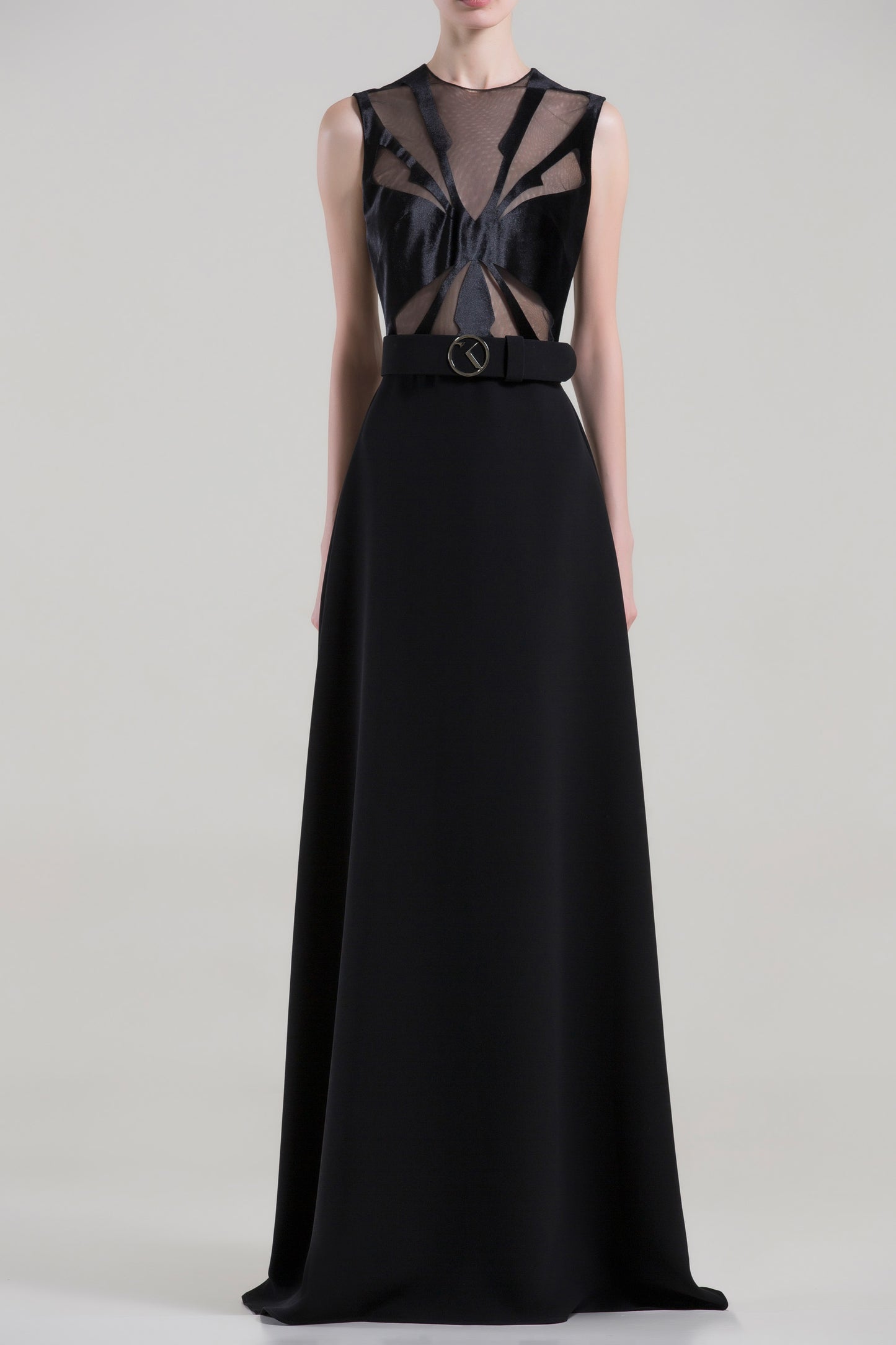 Sleeveless Jewel Neck Belted Gown
