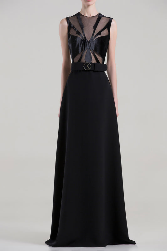 Sleeveless Jewel Neck Belted Gown
