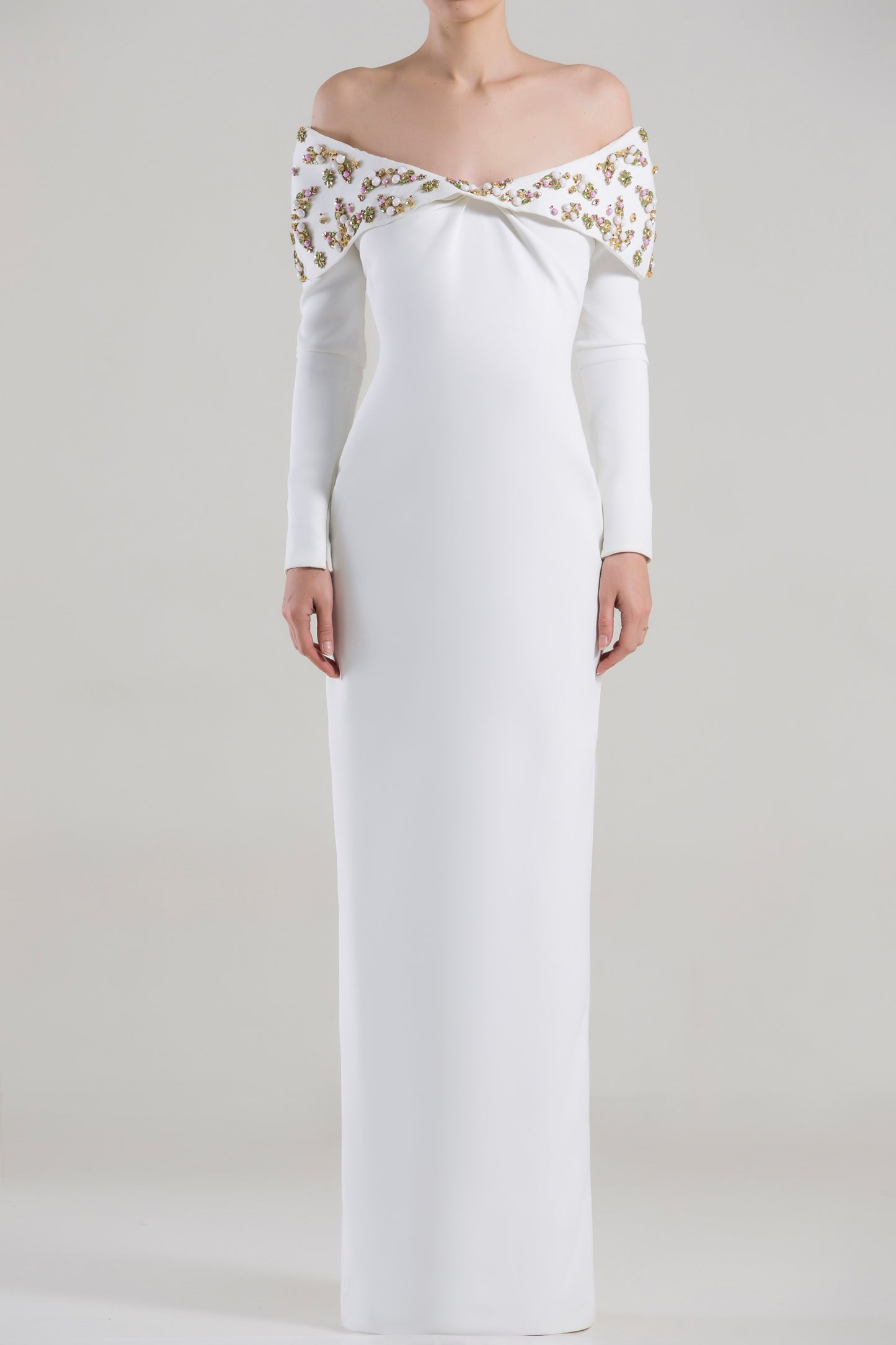 Embellished Off Shoulder Column Gown