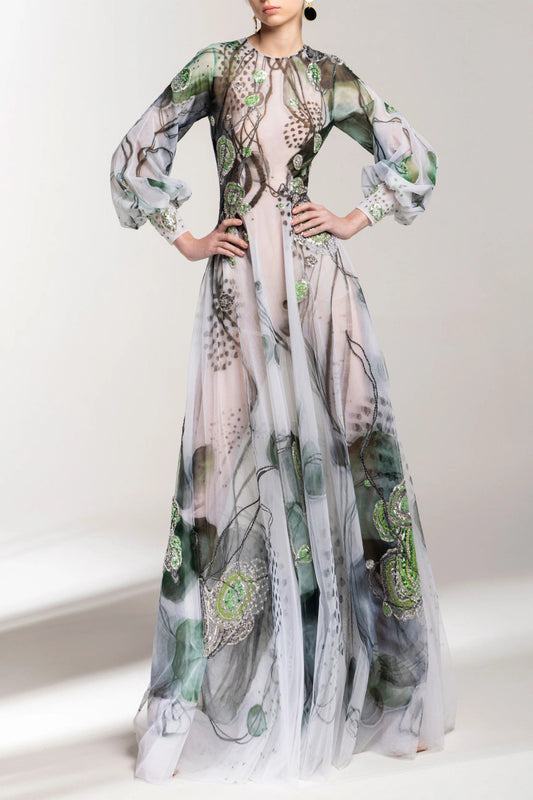 Printed Beaded -Gown