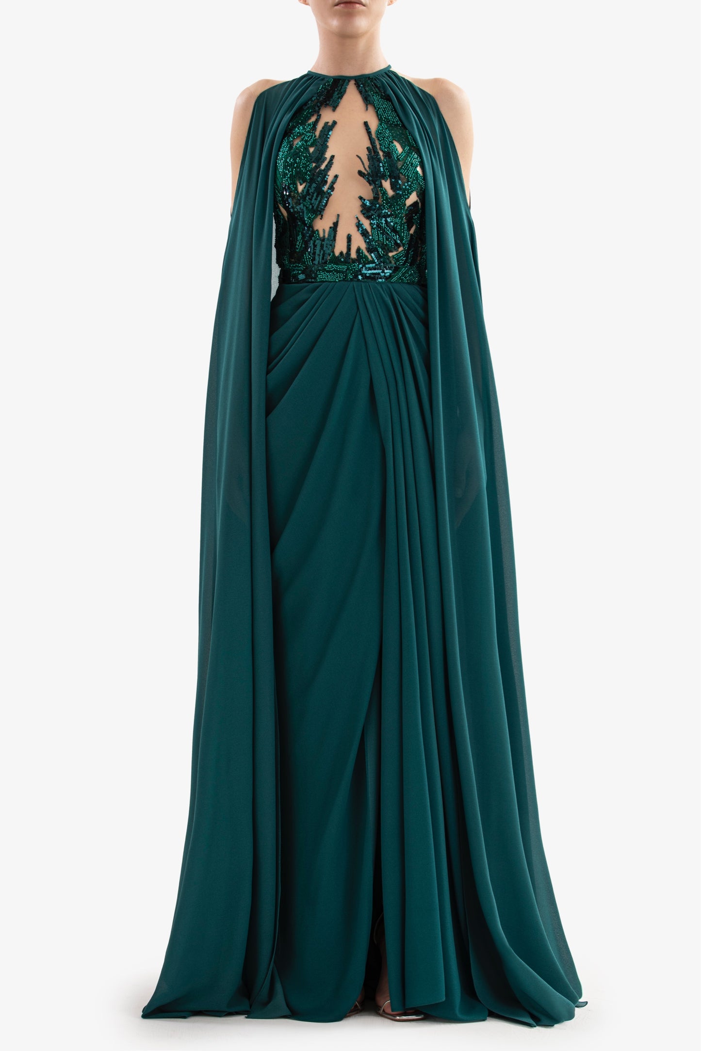 Pleated Gown with Cape