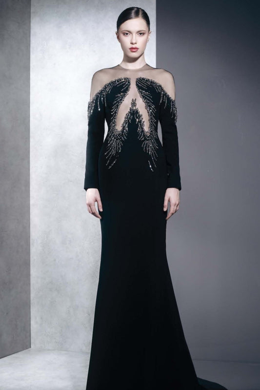 Long Flared Gown with Illusion Neckline