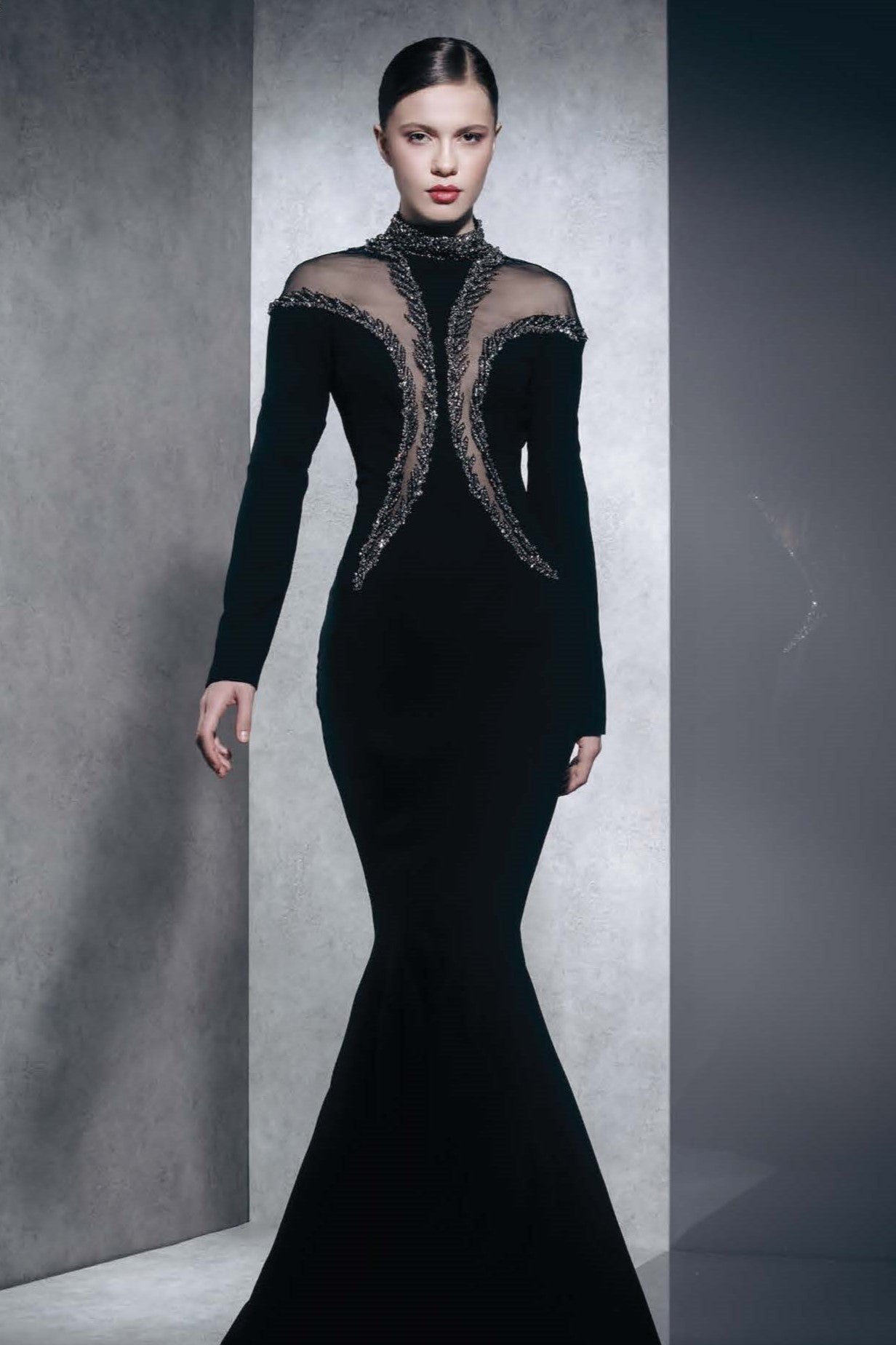 High Neck Long Sleeve Flared Gown