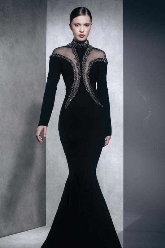 High Neck Long Sleeve Flared Gown