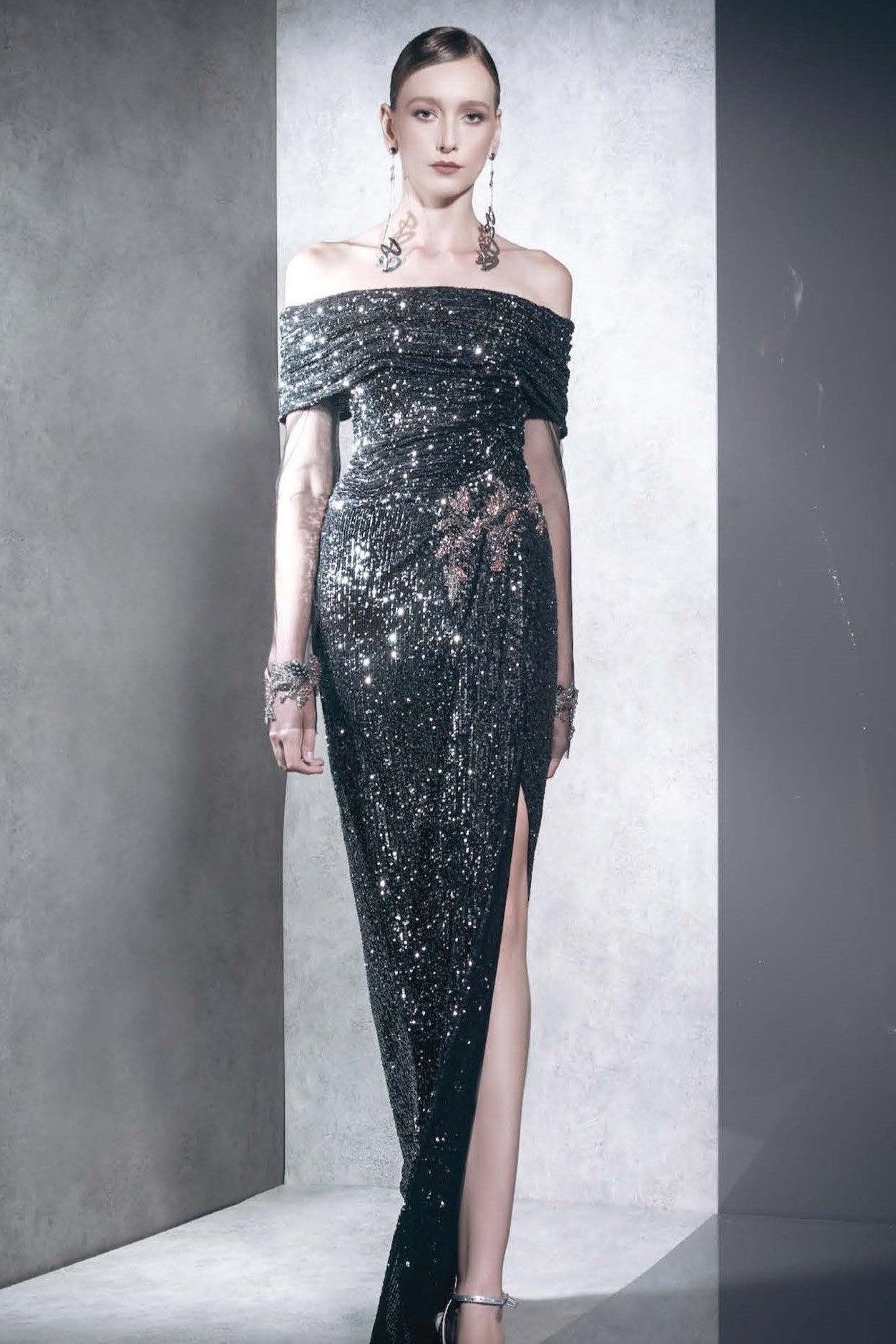 Off Shoulder Banded Sleeve Gown