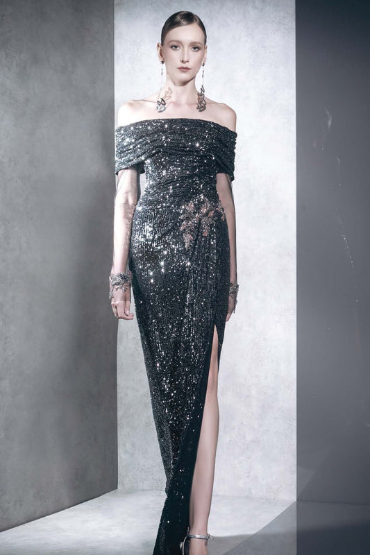 Off Shoulder Banded Sleeve Gown