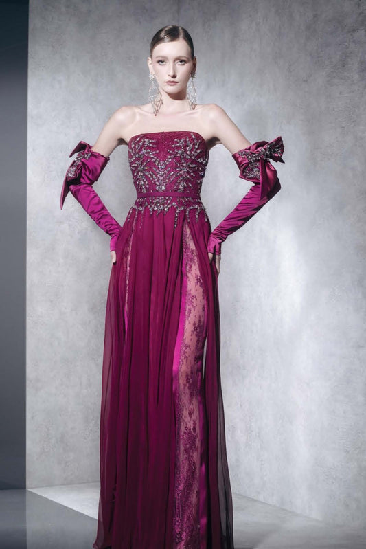 Strapless Embellished Pleated Gown