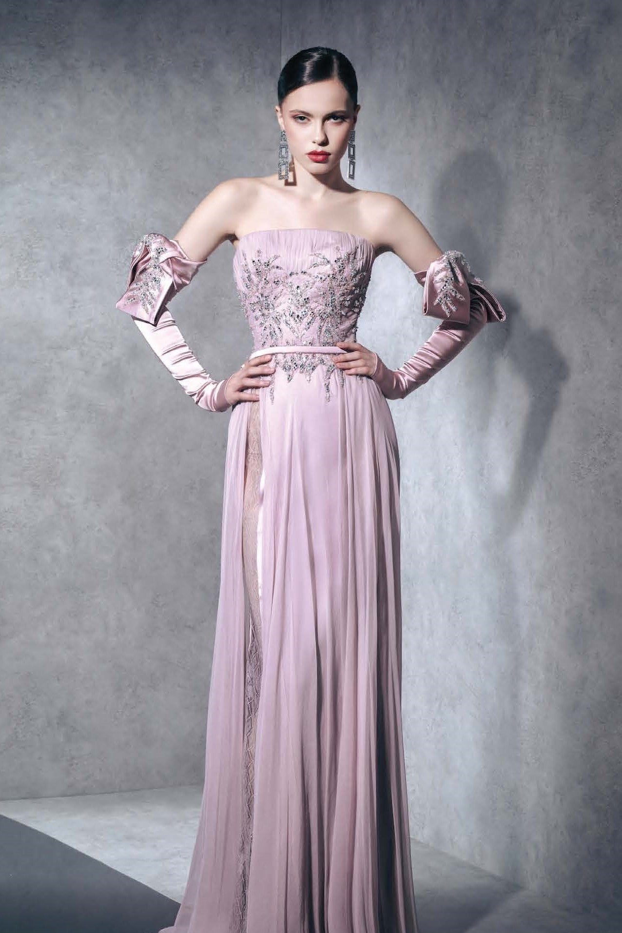 Strapless Embellished Bodice Pleated Gown