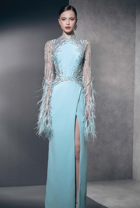 Embellished Feathered Long Sleeve Gown with Slit