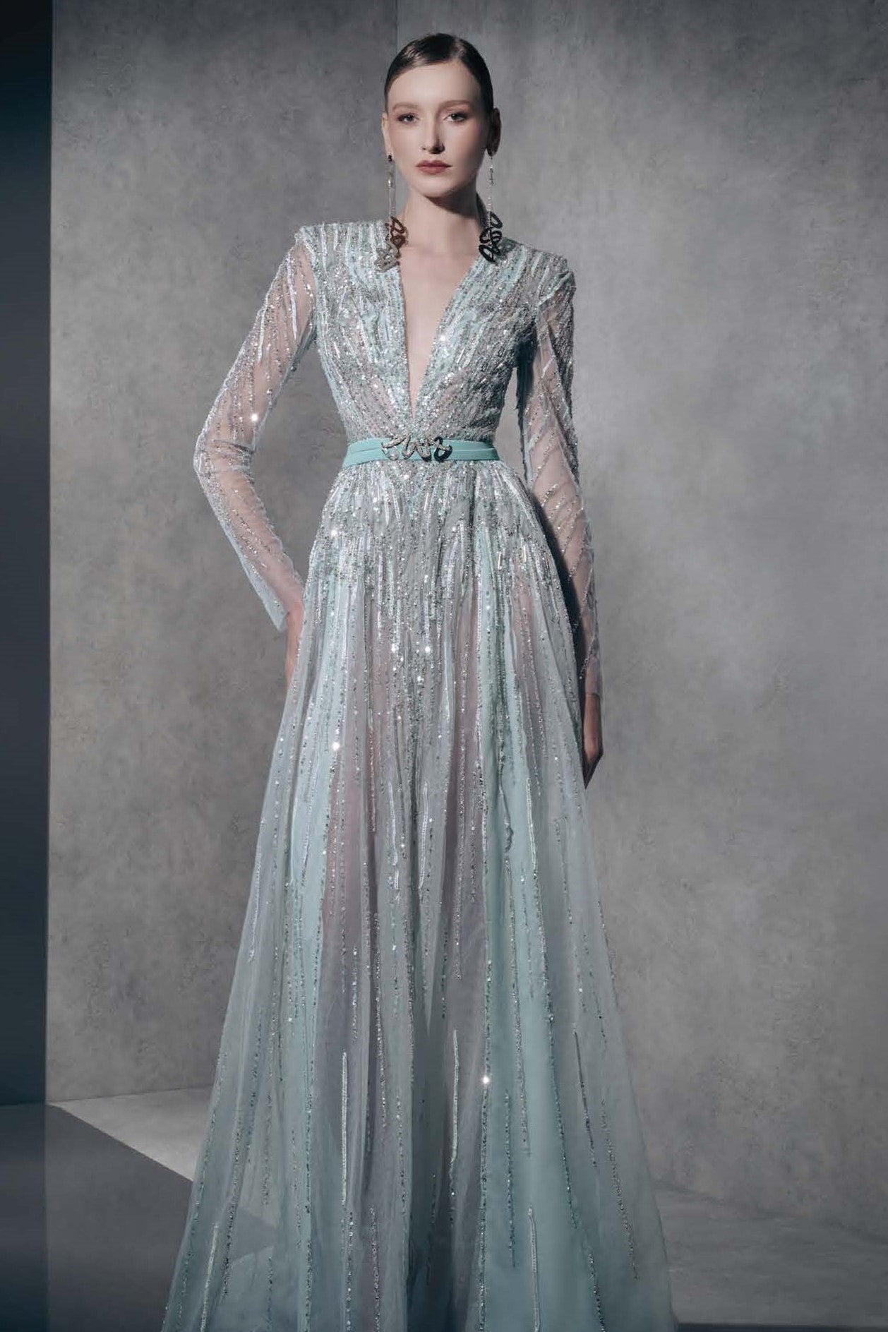 Plunging Neck Long Sleeve Embellished Gown