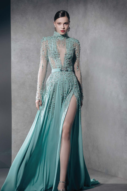 High Neck Long Sleeve Embellished Gown with Slit