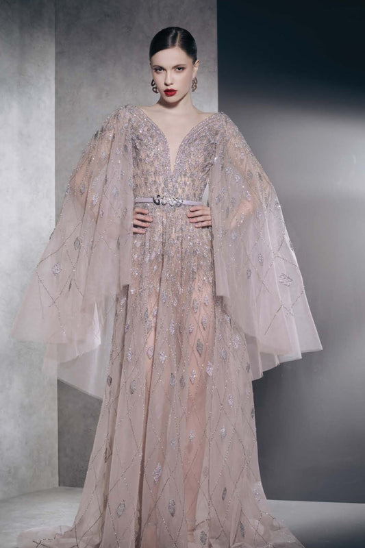 Deep V-Neck Cape Sleeve Gown