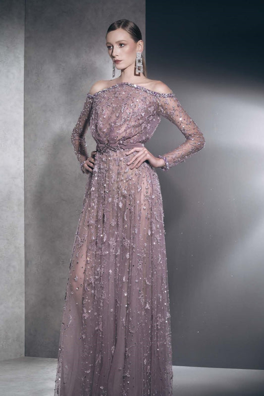 Exposed Shoulder Long Sleeve Gown