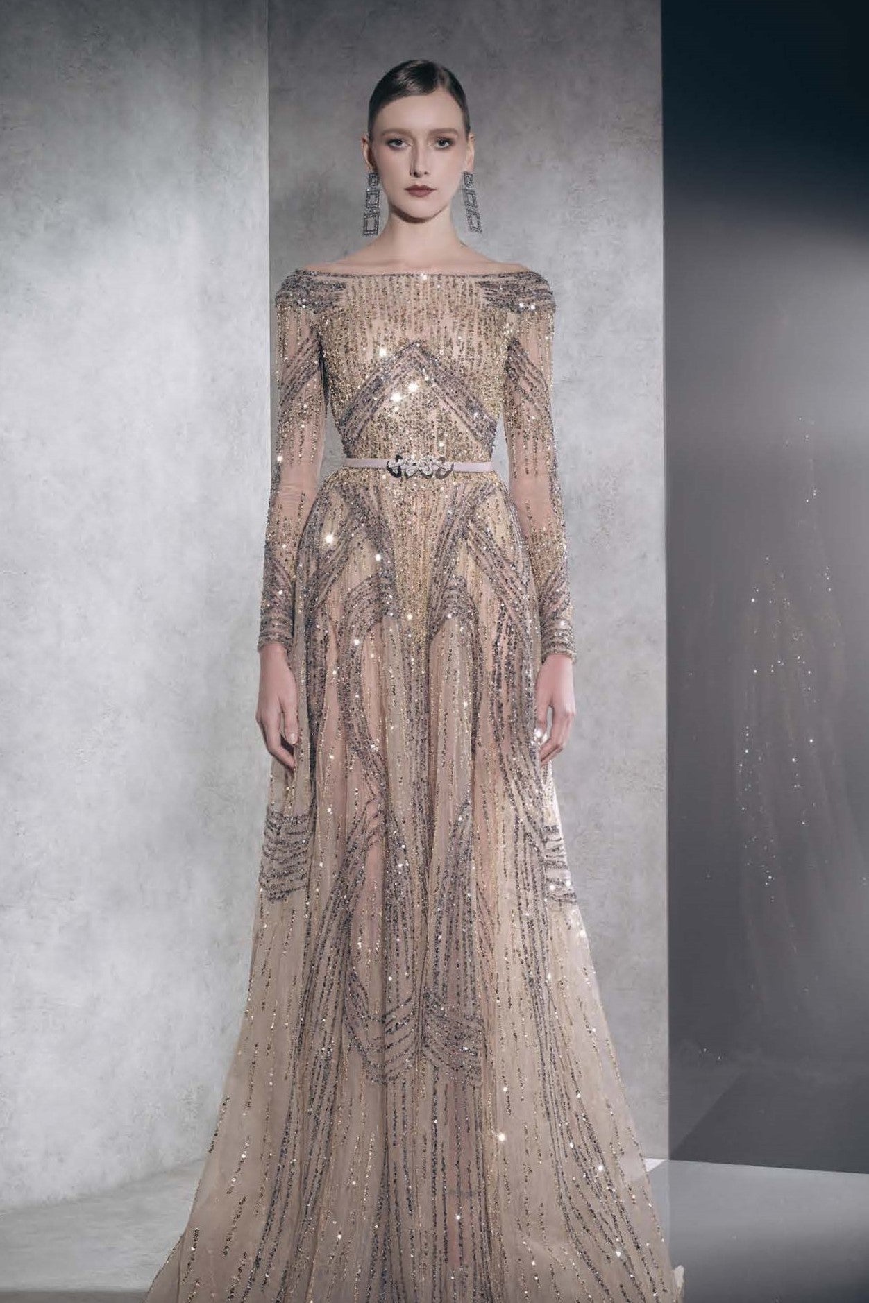 Fully Embellished Long Sleeve Off Shoulder Gown