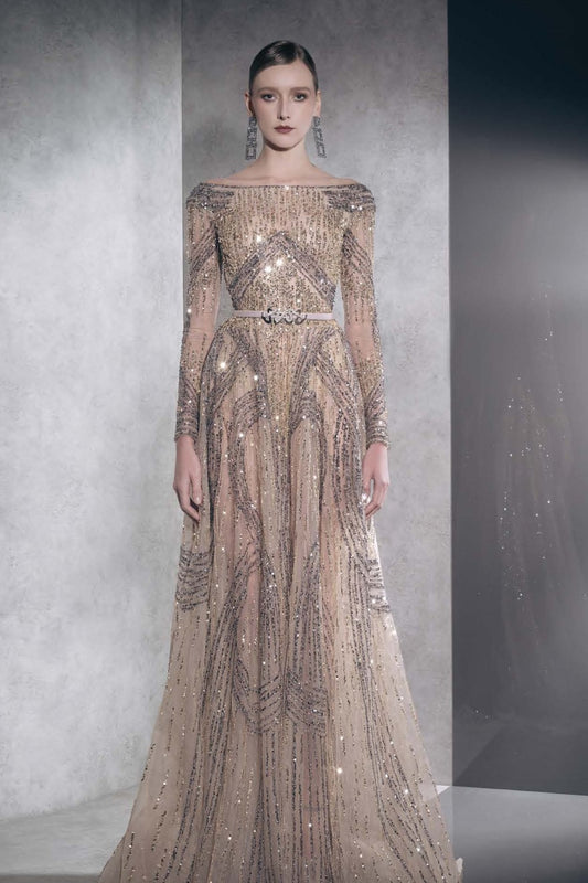 Fully Embellished Long Sleeve Off Shoulder Gown