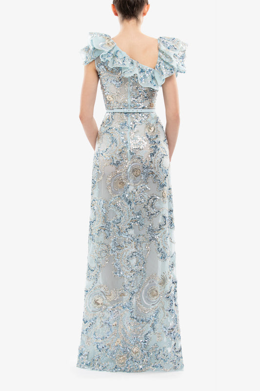 Embroidered Ruffled Gown