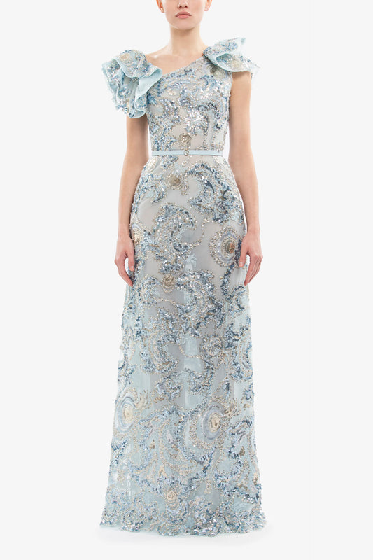 Embroidered Ruffled Gown