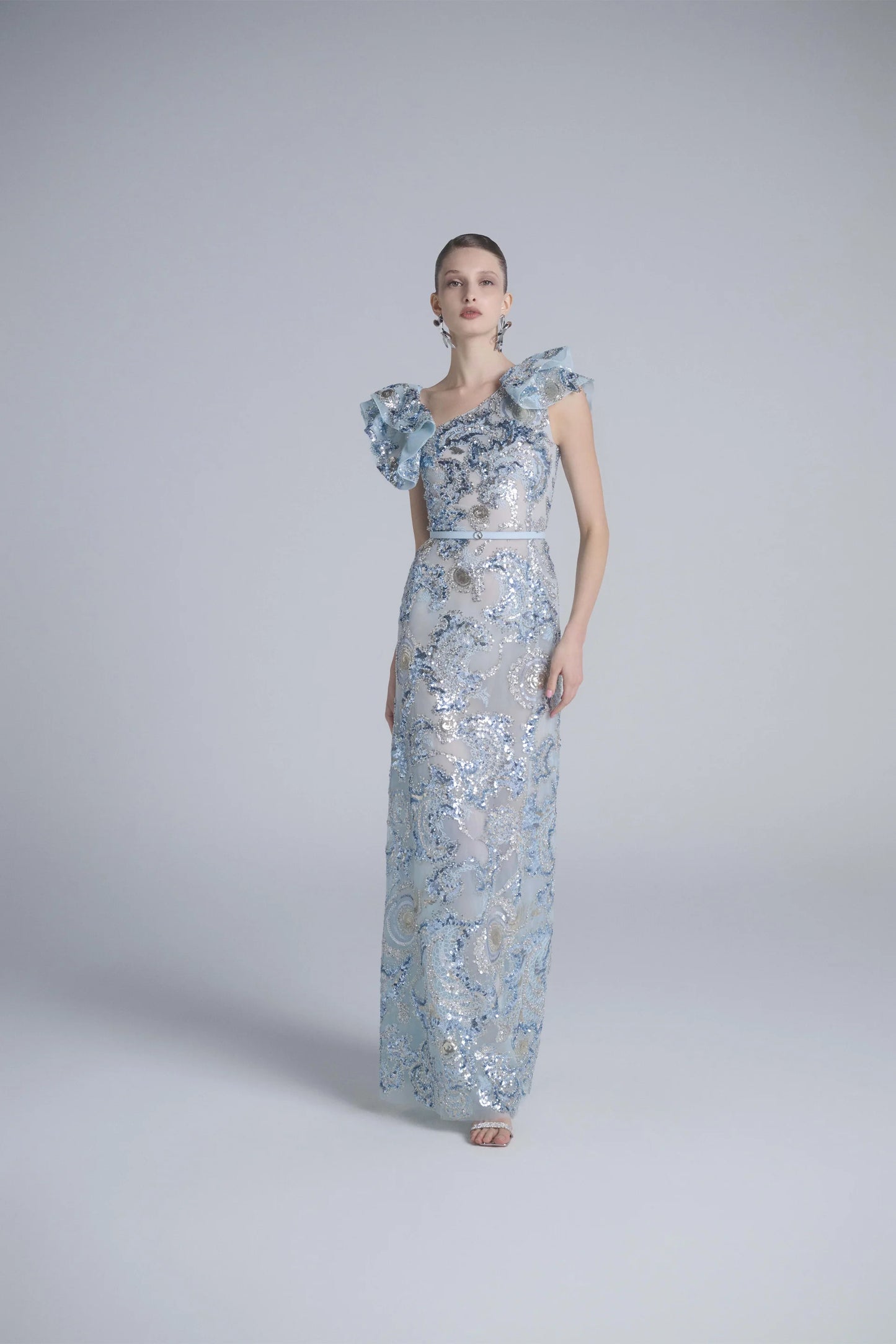 Embroidered Ruffled Gown