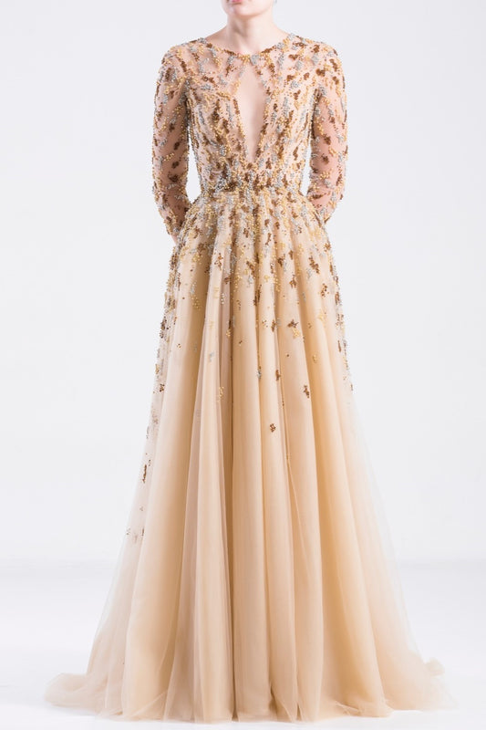 Long Tulle  Embroidered  Gown