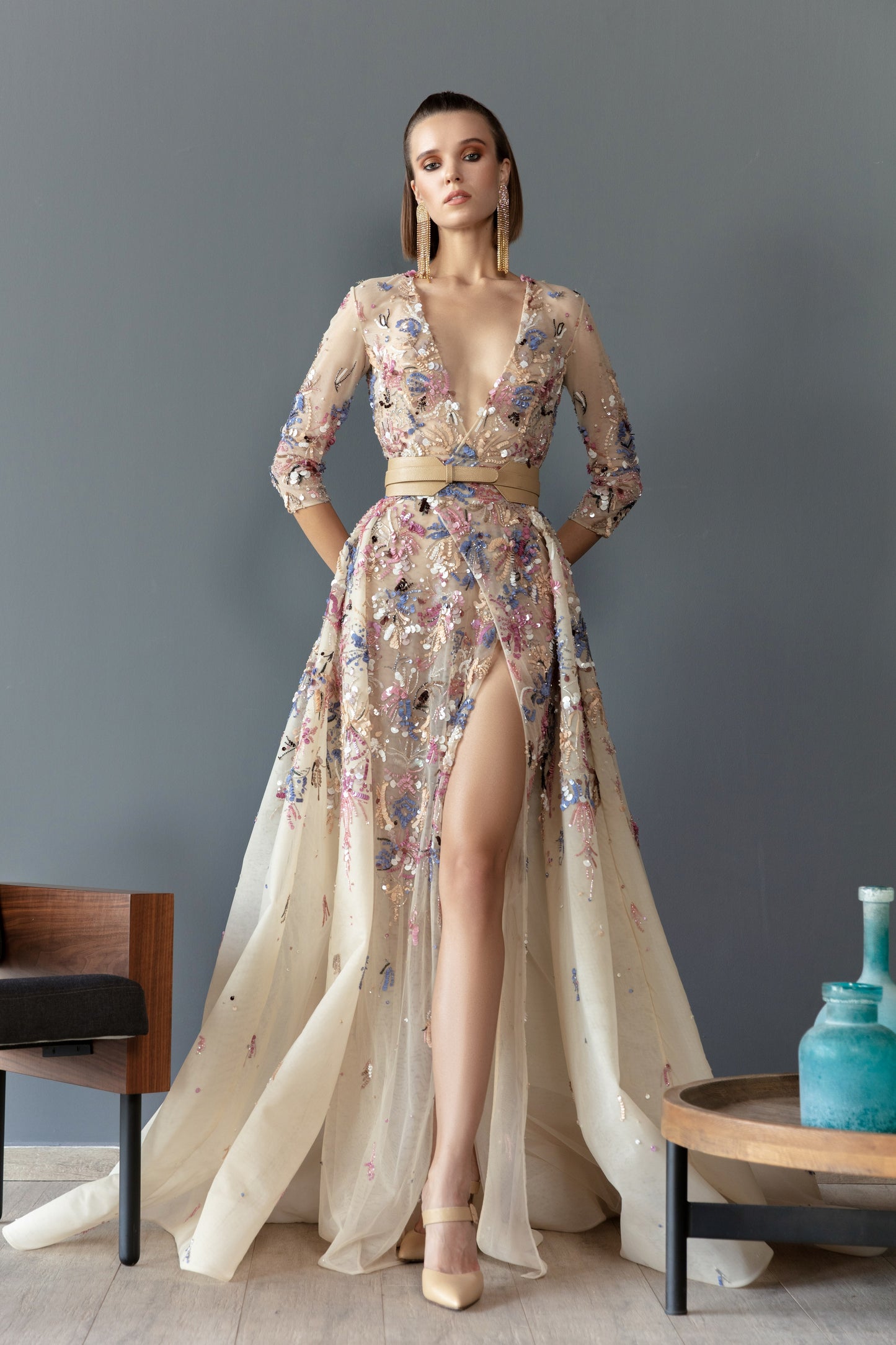 Beaded Tulle Envelope Gown