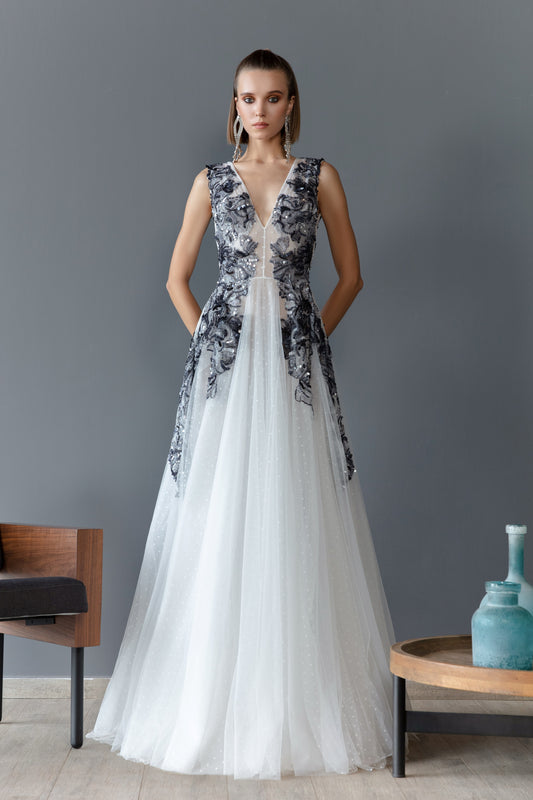 Sleeveless Polka Dot Tulle Gown