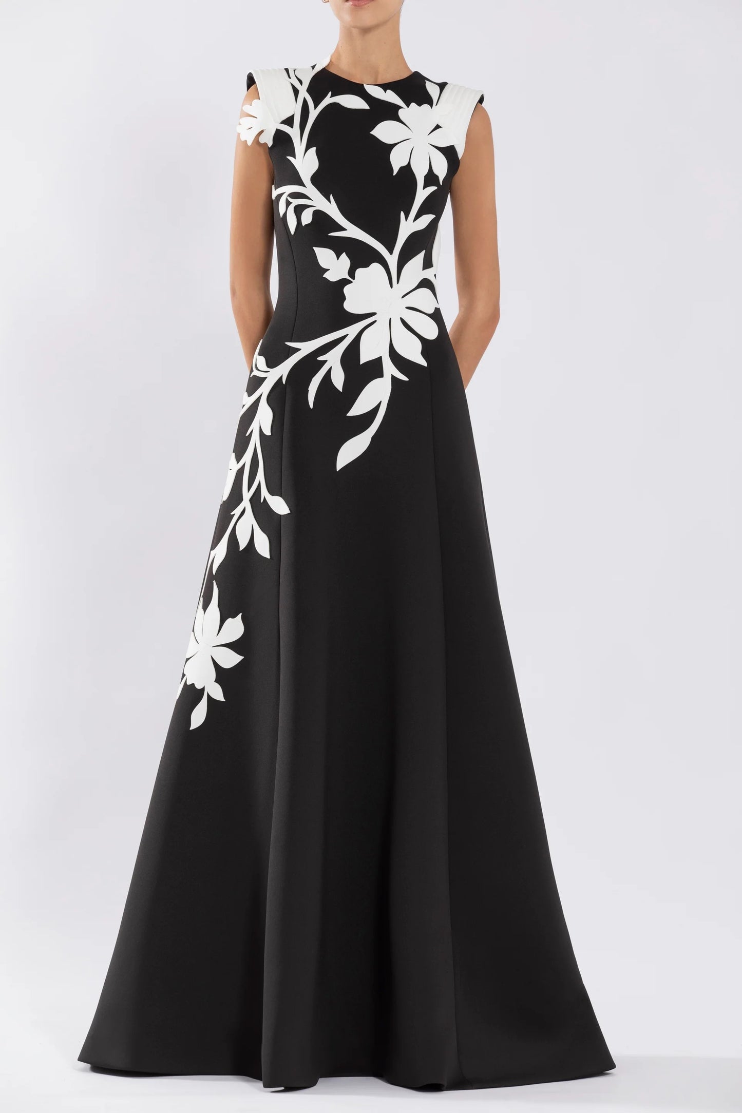 Neoprene Gown with Floral Embroidery