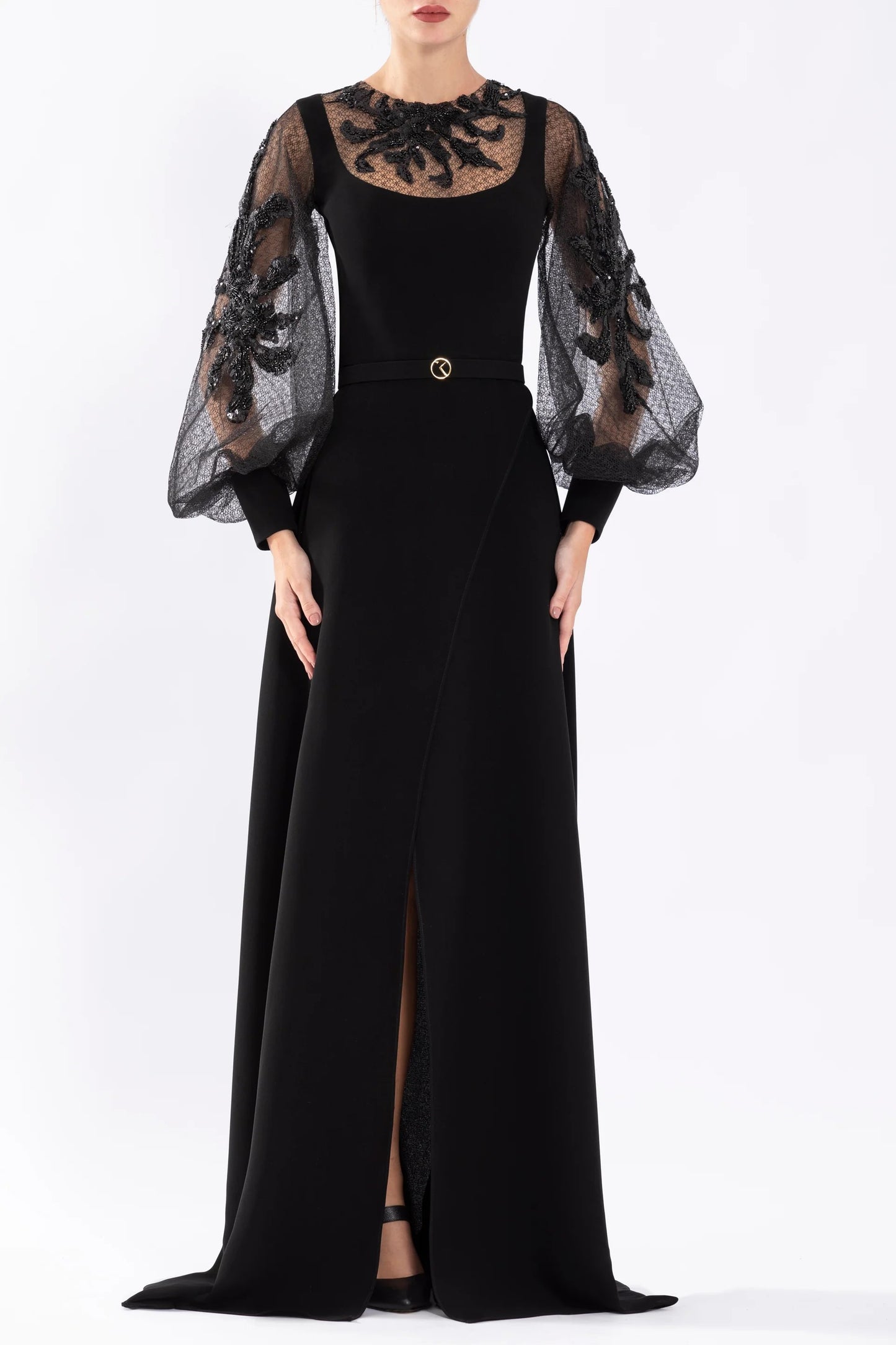 Crepe Gown with Envelope Skirt and Beading