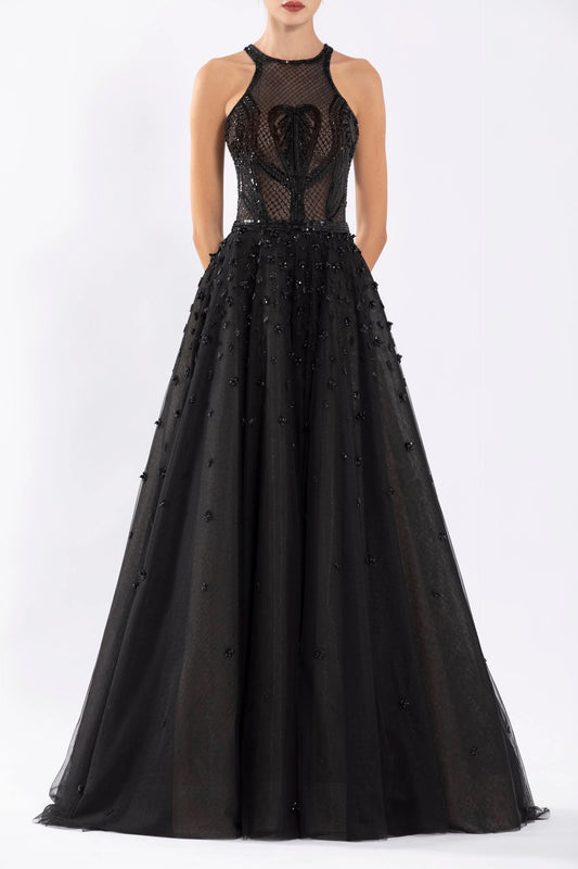 Tulle Beaded Sleeveless A-Line Gown with Halter Neckline