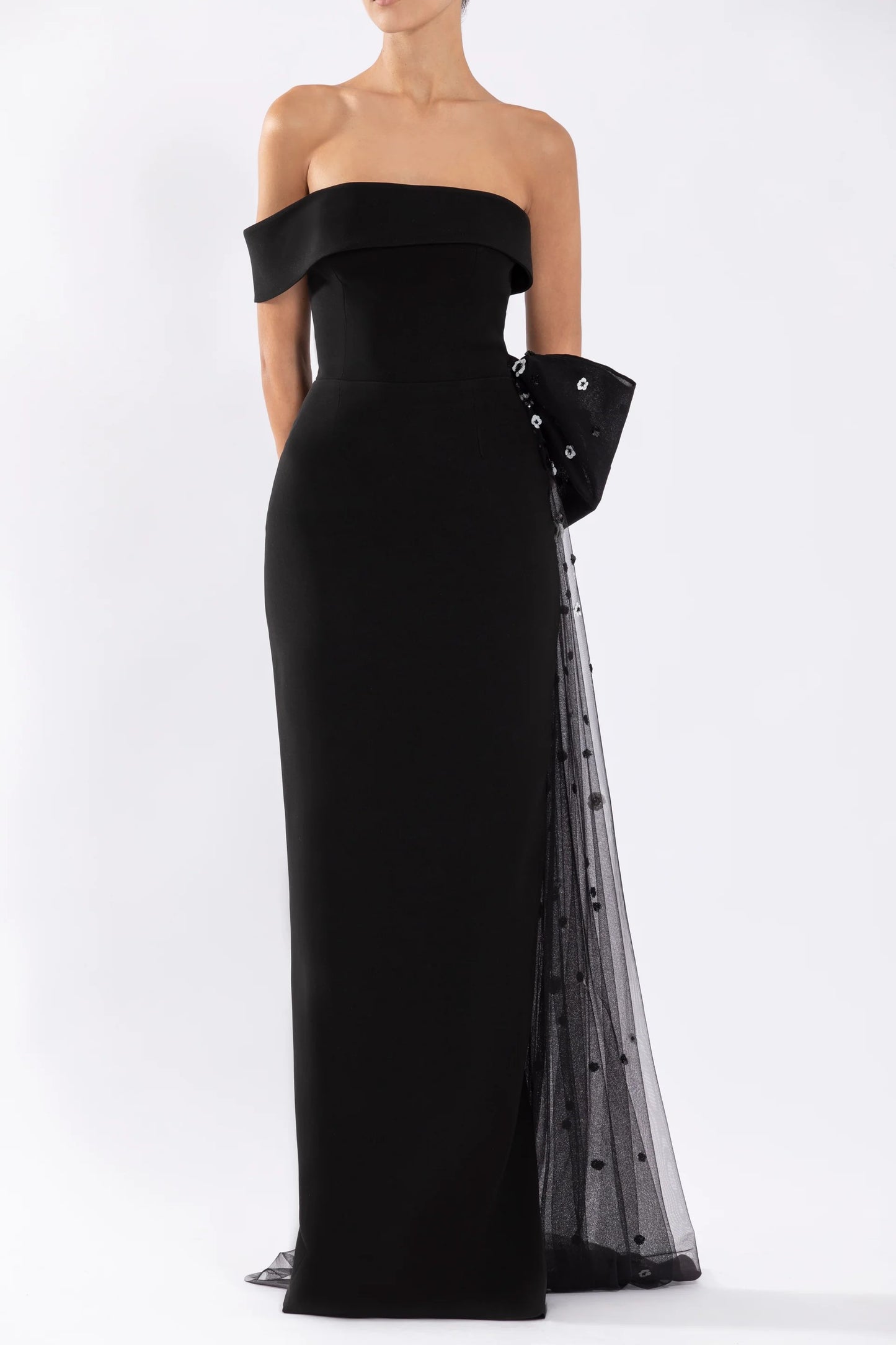 Crepe Off Shoulder Gown with Tulle Bow