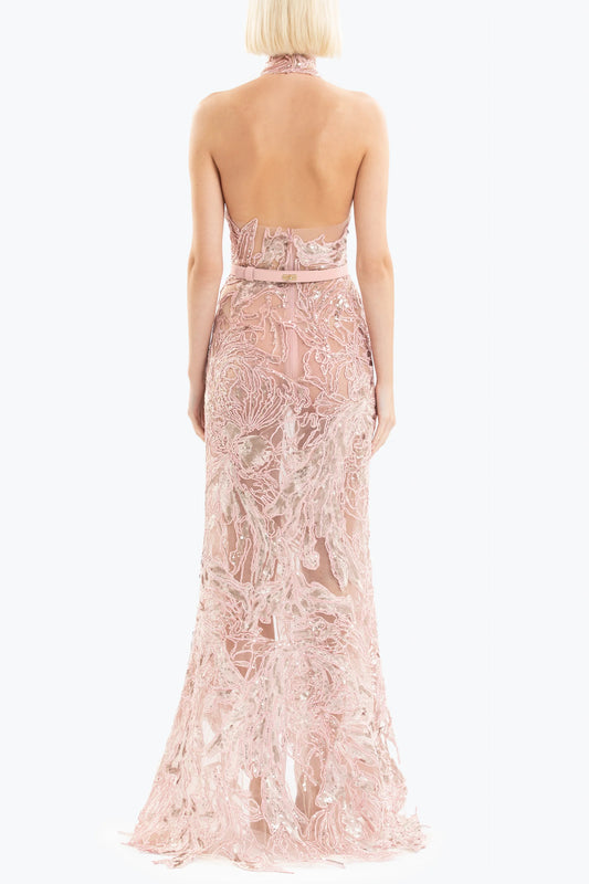 Embroidered Halter Neck Gown