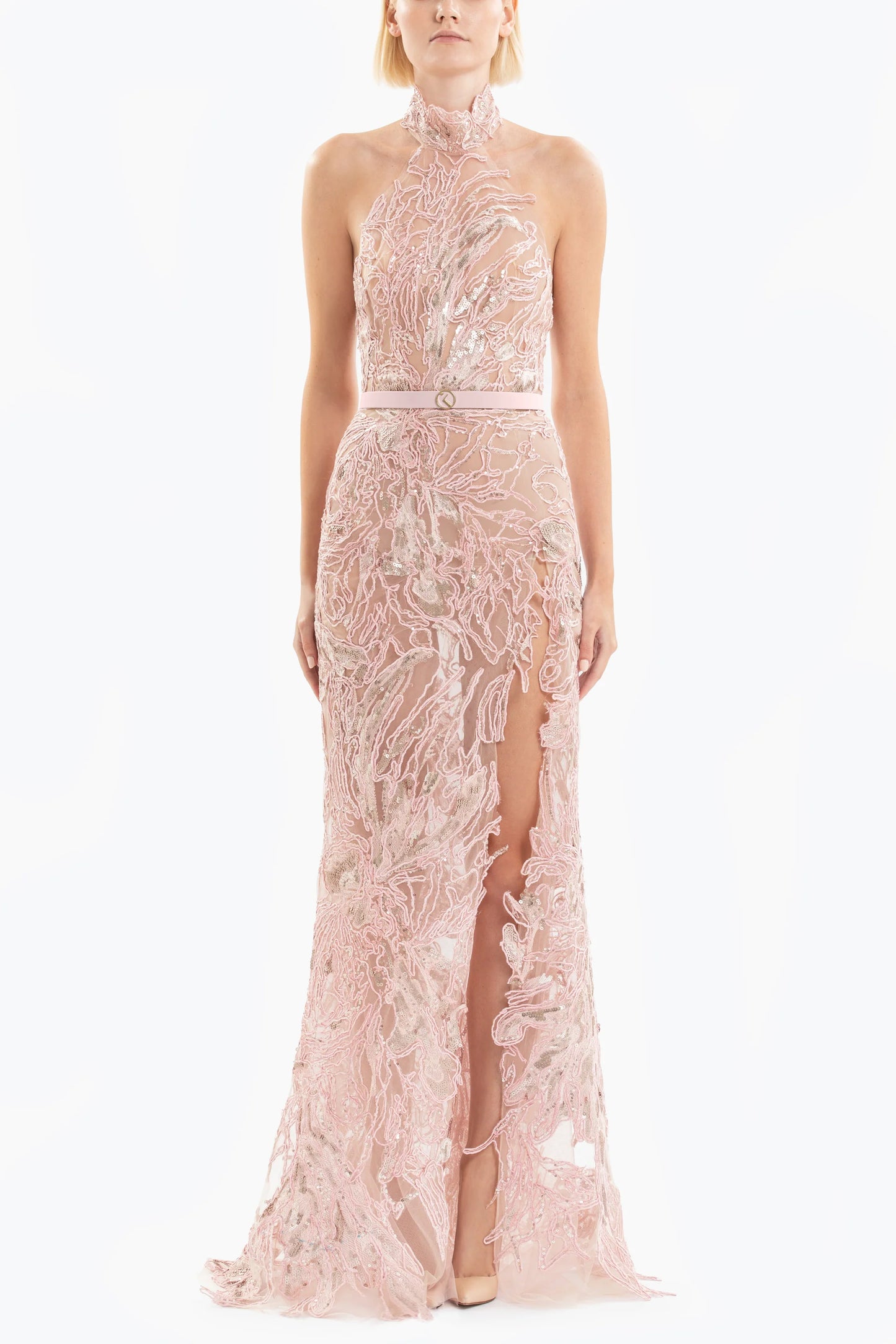 Embroidered Halter Neck Gown