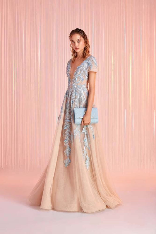 Short Sleeve Plunging Neck Gown