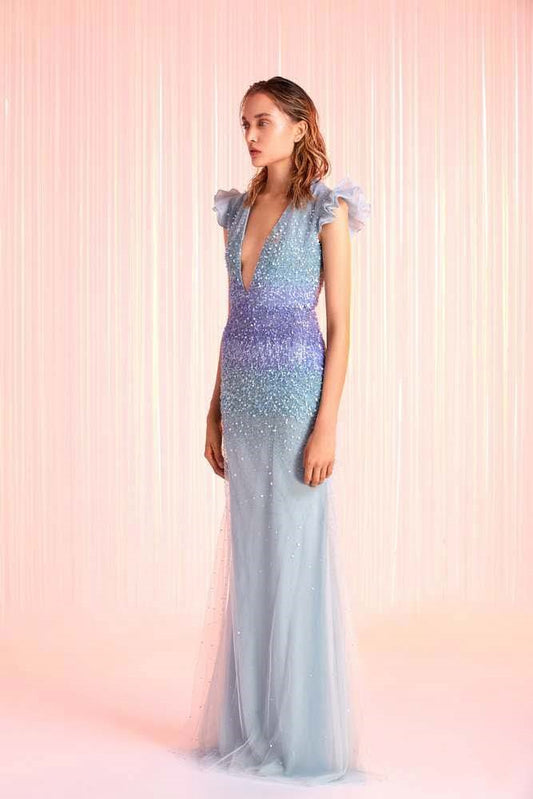 Embellished Deep V Neck Gown