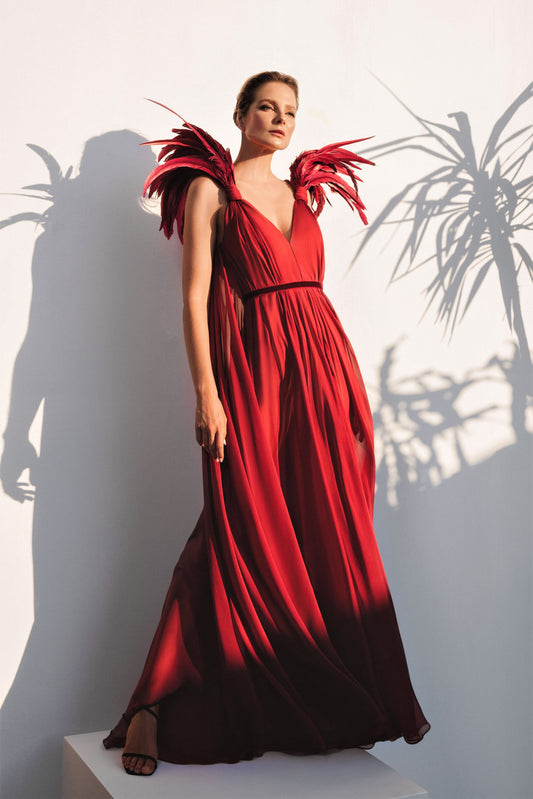 Silk Chiffon Plunge Neck Gown