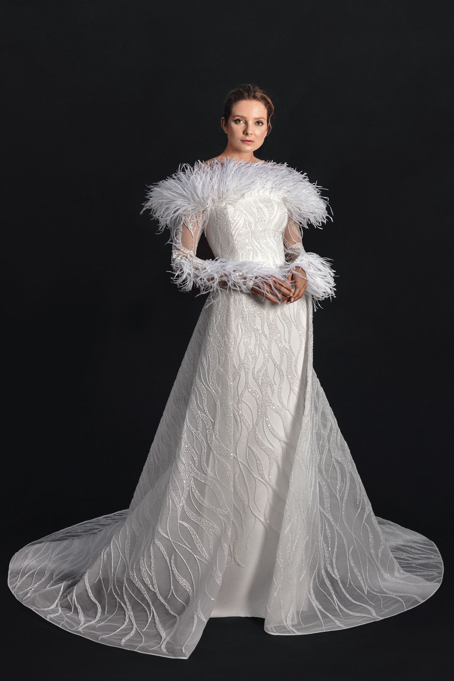 Embroidered Long Sleeve Feathered Gown
