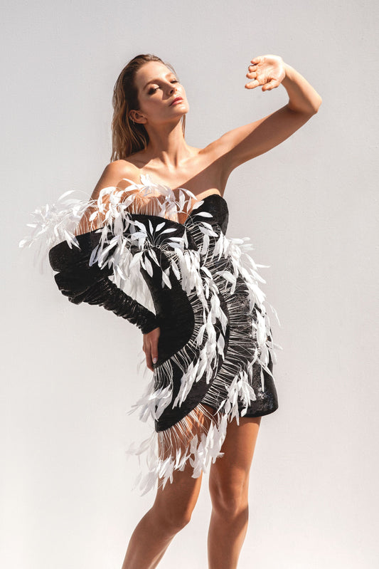 Corseted Sequin Mini with Feathers