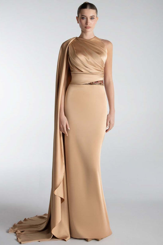Draped Cape-Sleeve Gown