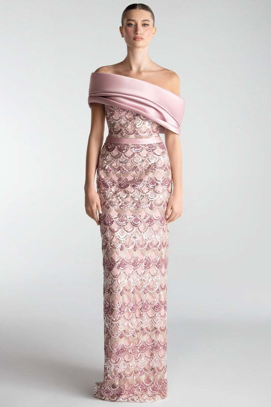 Embroidered-Column Gown