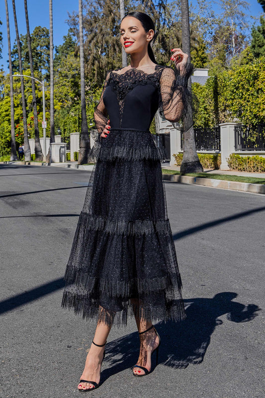 Illusion Neck Lace Midi Dress