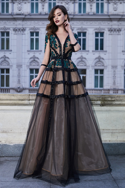 3/4 Sleeve Sequin Embroidered Gown