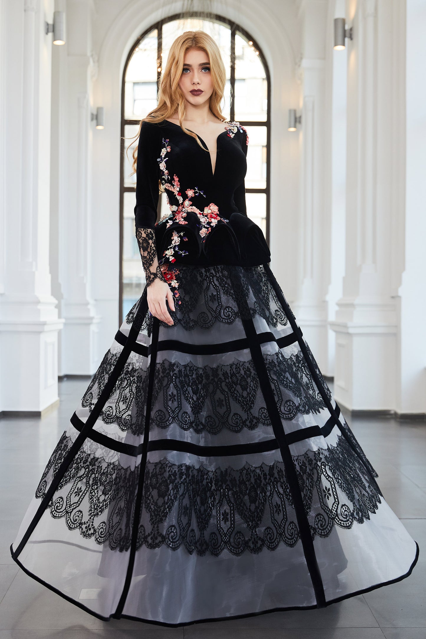 Long Sleeve Embroidered Ball Gown