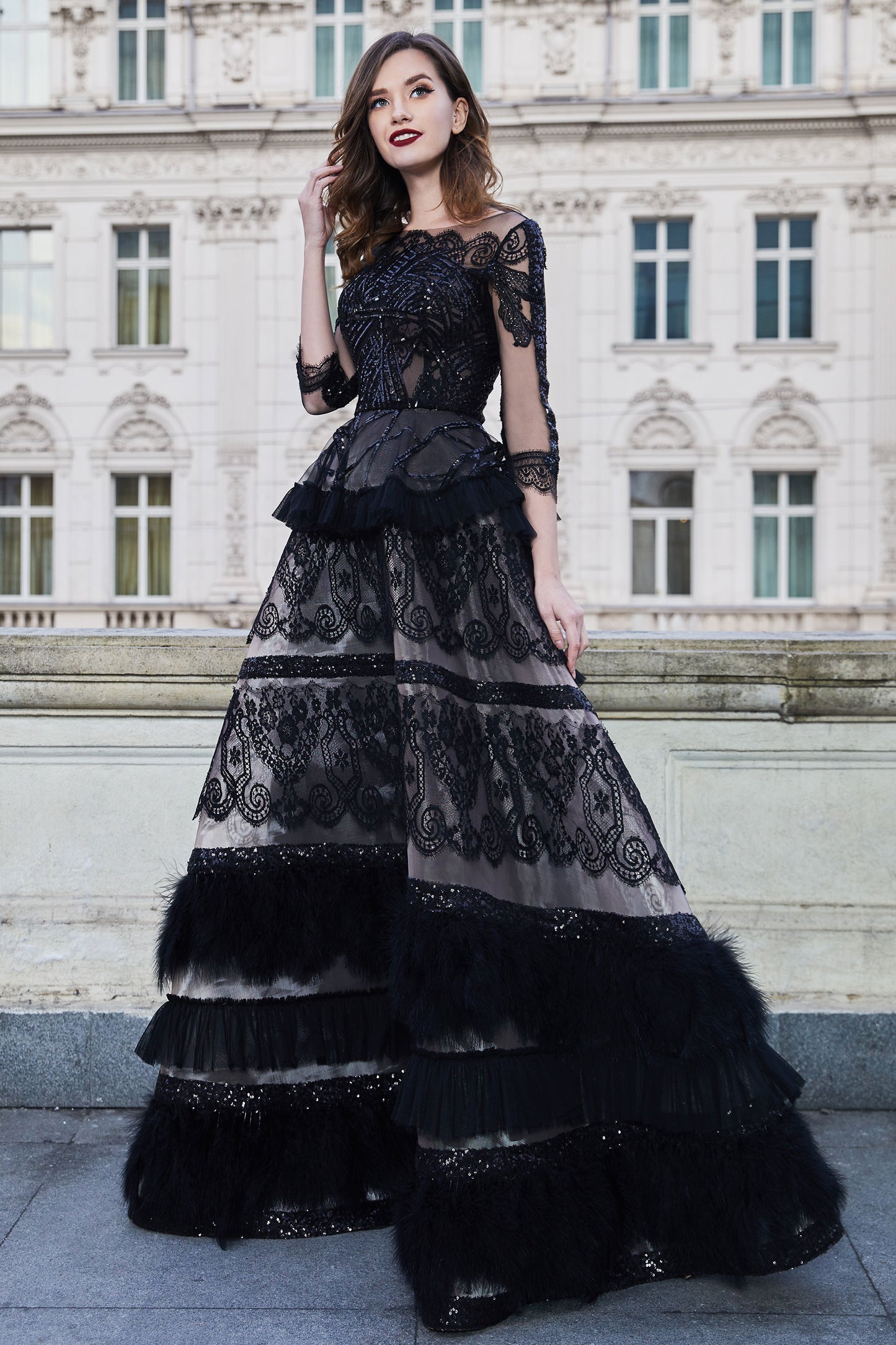 Sheer 3/4 Sleeve Embellished Gown