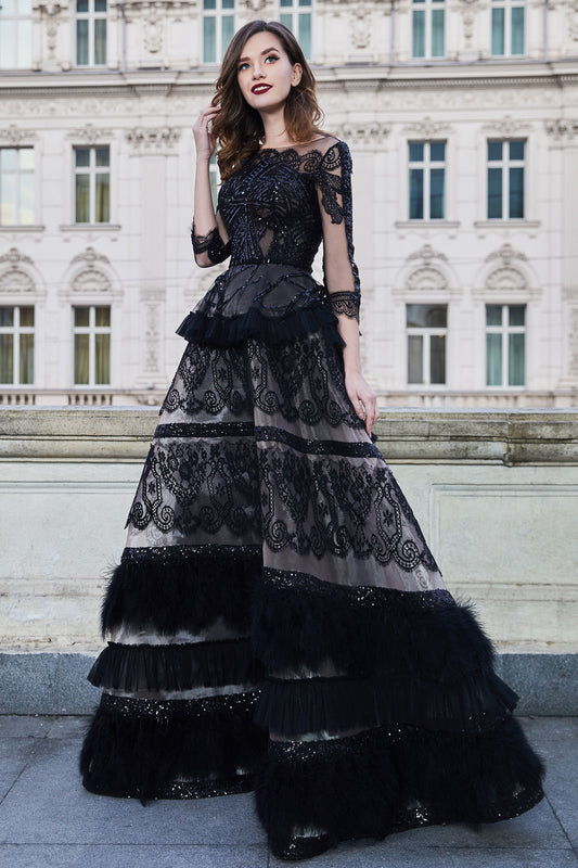 Sheer 3/4 Sleeve Embellished Gown