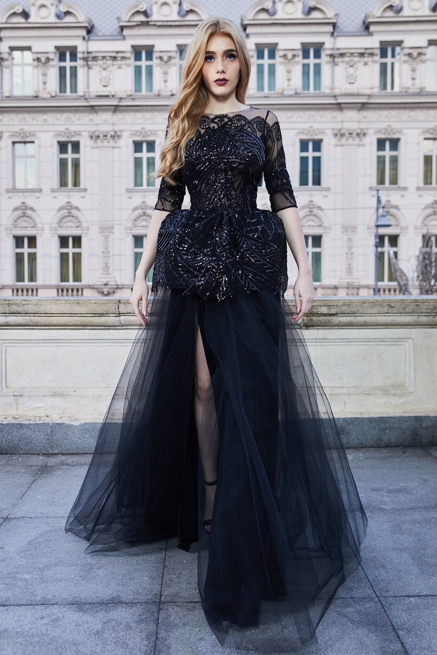 Sequin Embellished Black Evening Gown