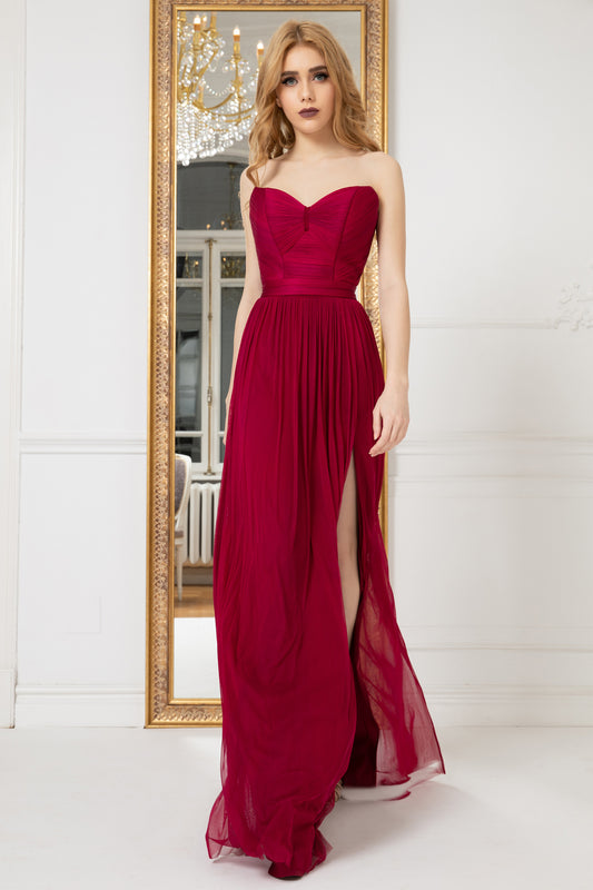 Strapless Ruched Pleated Evening Gown