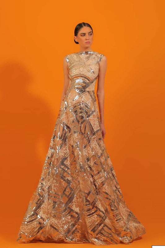 A-Line Sequined Lace Gown