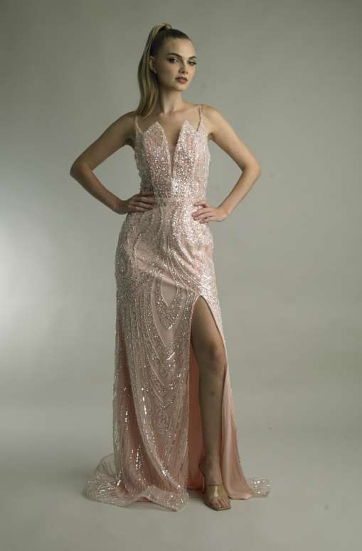 Spaghetti Strap Pointed Neckline Gown