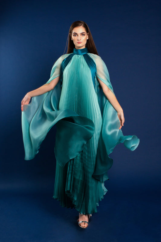 Sasha Ombre Pleated Dress with Cape Sleeves