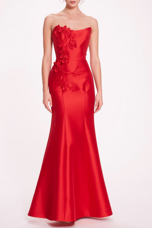 Strapless Floral Silk Gown